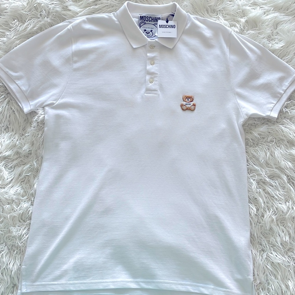 Moschino Men’s White Teddy Bear Patch Polo Shirt